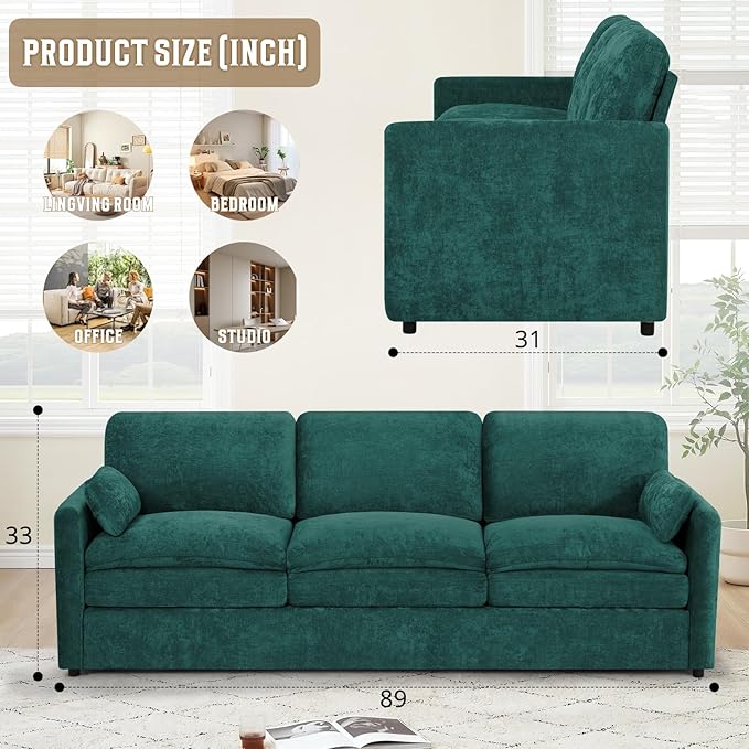 89" Chenille 3 Seats Sofa with 2 Pillows, Modern Upholstered Sofa with Deeper Seats, Comfy Sofa with Thickened Cushions for Living Room, Apartment, Teal