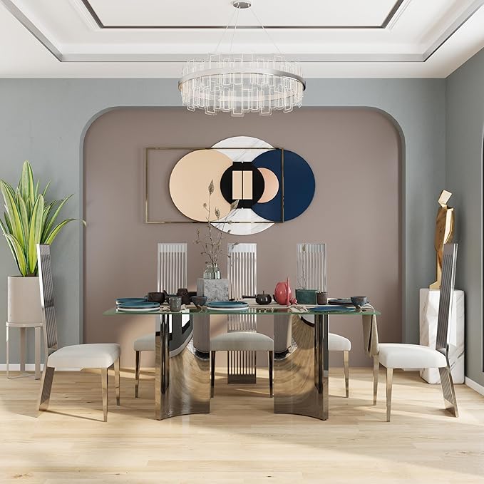 Asday Glass Dining Table, 70 inch Rectangular Dining Room Table, Double Pedestal Dining Table with Clear Tempered Glass Top and Mirrored Silver Trestle Base