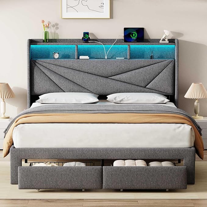 LED Queen Bed Frame with 2 Storage Drawers, Upholstered Bed Frame Queen Size with Headboard and Charging Station, No Box Spring Needed, Easy to Assembly-Light Grey