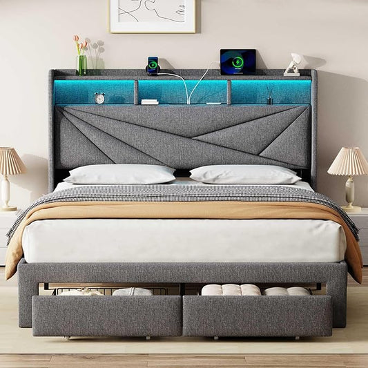 LED Queen Bed Frame with 2 Storage Drawers, Upholstered Bed Frame Queen Size with Headboard and Charging Station, No Box Spring Needed, Easy to Assembly-Light Grey