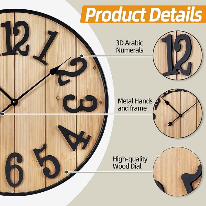 Large Wall Clock 30IN, Silent Metal Wood Style Wall Clocks Battery Operated for Living Room Decor, Farmhouse Big Wall Clock, Outdoor