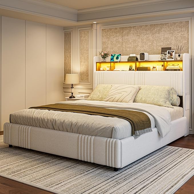 IKIFLY King Size Bed Frame with Hidden Storage Headboard & 4 Drawers, 49.2” Tall Upholstered Wingback Headboard with LED Lights and Charging Station, No Box Spring Needed, Solid Wood Slats, White