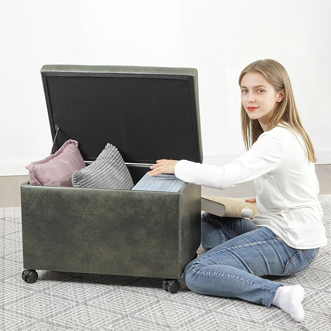 Joveco 24" Faux Suede Storage Ottoman Bench with Wheels, Rectangle Foot Rest Stool for Living Room, Bedroom, Entryway, Moss Green