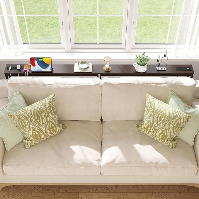 ELYKEN 2 Pack 5.9" Narrow Console Sofa Table with Power Outlets, 5.9" Dx39.4 Wx31.1 H Bamboo Behind Couch Table with Charge Station, Brown