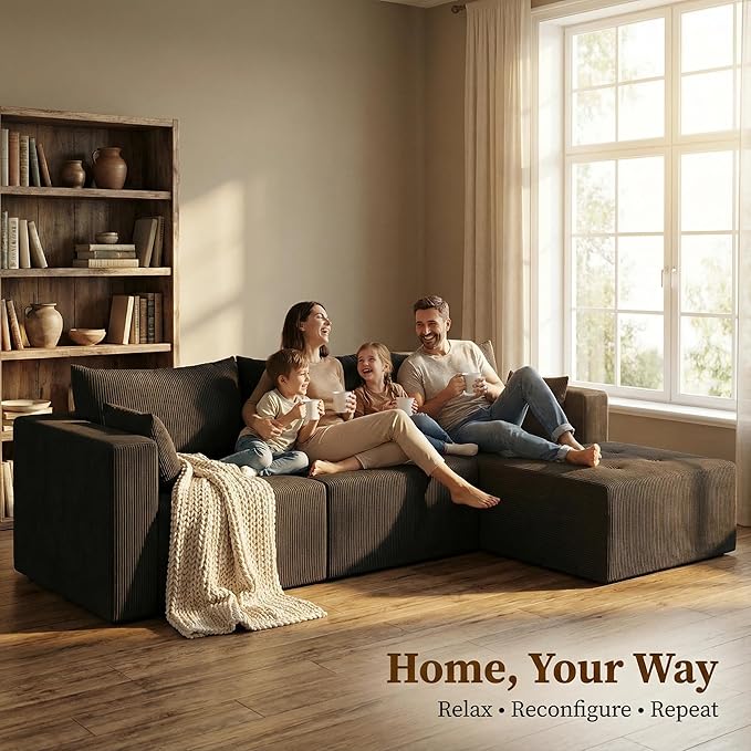 Cloud Boneless Sectional Sofa, Modular Sofa with Deep Seat, Modern Upholstered Couch with Chaise Lounge, Fluffy Comfy L-Shape Sectional Couch for Living Room, Black