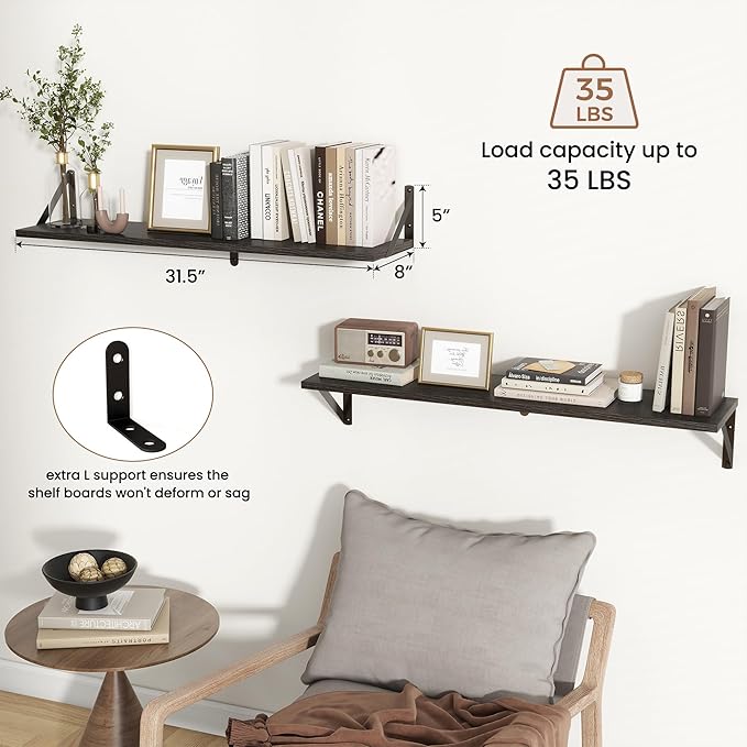 Axeman Black Floating Shelves for Wall | 32W x 8D Floating Shelves Set of 2 | 8" Deep Long Wall Shelves for Bathroom Kitchen Living Room | Bookshelf Display Shelves