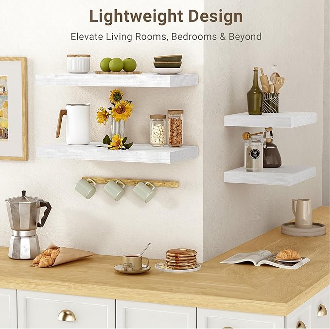 Vivelove 10 in Deep Floating Shelves for Wall, 24" x 10.2" x 1.5" Shelves for Room Wall Mounted, 1.5 Inch Thick Shelf for Bathroom Bedroom Kitchen Book Room, Modern Farmhouse Decor, Set of 2, White