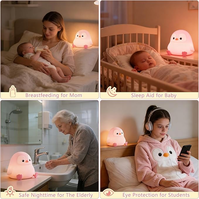Penguin Night Light for Kids,Cute Pink Penguin Lamp,Soft Silicone Nursery Nightlight,LED Squishy Novelty Animal Bedside Lamp,Rechargeable/Dimmable/Timer,Room Deco,Christmas Gifts for Mom Girls Baby