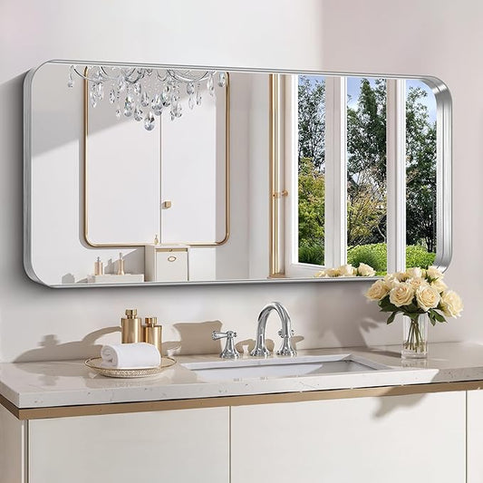 FORBATH 24x48 Inch Bathroom Mirror, Brushed Silver Deep Frame Narrow Full Length Wall Mirror with Rounded Corners, Anti-Rust Tempered Glass for Modern Farmhouse Vanity (Horizontal/Vertical)