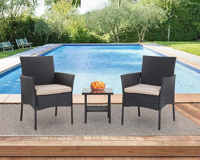 FDW Patio Furniture Sets 3 Pieces Outdoor Wicker Bistro Set Rattan Chair Conversation Sets with Coffee Table for Yard Backyard Lawn Porch Poolside Balcony,Black