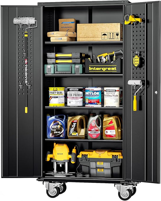 INTERGREAT Metal Storage Cabinet with Wheels, 72" Lockable Mobile Cabinets with Adjustable Shelves, Large Capacity Rolling Tall Cabinet with Casters for Home Office, Kitchen, Garage, School(Black)