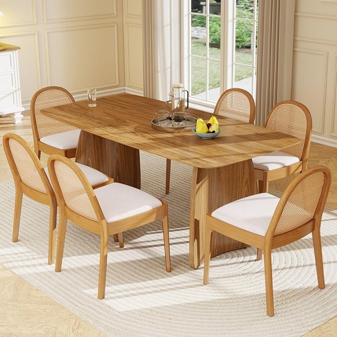 LukeAlon Linen Dining Chairs Set of 2, Natural Woven Cane Back Side Chairs with Solid Wood Legs Mid Century Dinner Chairs for Kitchen Living Room, Beige