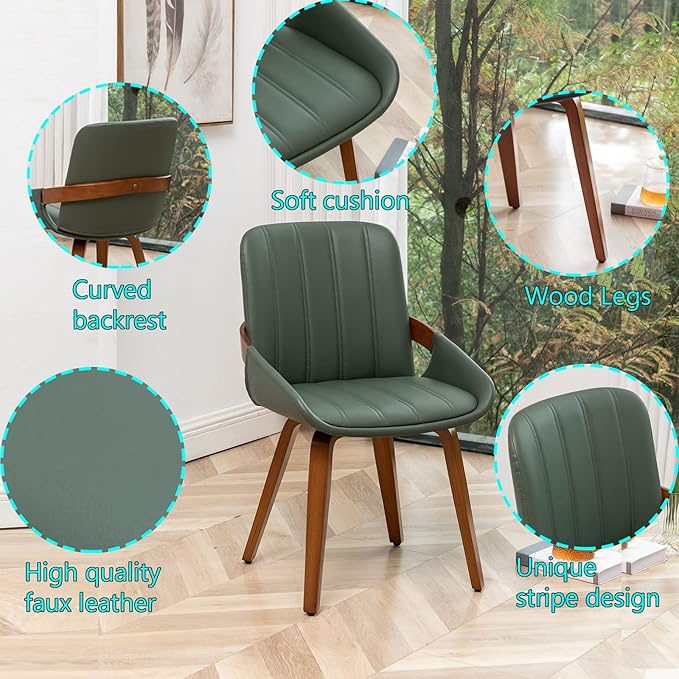 Mid Century Modern Faux Leather Upholstered Dining Chairs,Armless Accent Chairs with Sturdy Natural Wood Legs,Bamboo Backrest Support for Kitchen&Dining Room Chairs(Set of 4,Green)