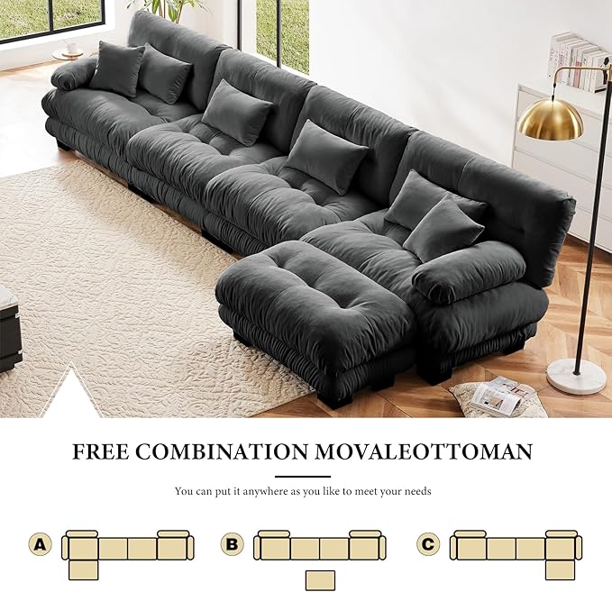 173.2" Oversized Couch, 4 Seater Modular Sectional Sofa, Grey Large L Shaped Fluffy Couch Set, Chenille Cloud Couches with Ottoman, Deep Seat Sofas for Living Room