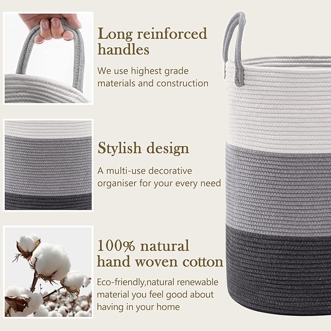 YOUDENOVA Woven Rope Laundry Hamper Basket, 58L Tall Luandry Basket, Baby Nursery Hamper for Blanket Storage, Clothes Hampers for Laundry in Bedroom