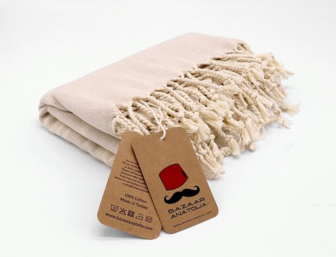 Bazaar Anatolia Slim Line Turkish Towel 100% Cotton Peshtemal Beach Towel 76x38 Thin Lightweight Travel Camping Bath Sauna Gym Pool Blanket Quick Dry Towels (Cream) - Made in Turkiye
