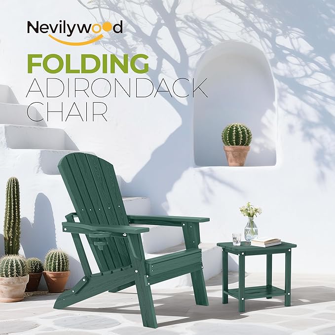 nevilywood Folding Adirondack Chair - Extended Ergonomic Backrest, Cup Holder - Easy Assembly - Durable HDPE Plastic, Weather Resistant & Maintenance-Free - Lawn, Patio, Deck Supports 380lbs,Green