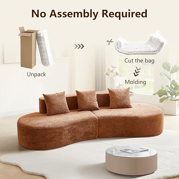 109'' Curved Couch, Mid Century Modern Half Moon Sofa, Luxury 3-Seat Couch with High-Density Foam Filled, Raindrop Velvet Fabric Sectional Sofa for Living Room, Apartment, Office, Orange