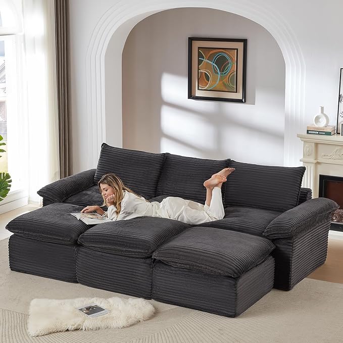 113.03" Sectional Couches for Living Room Modern Modular Sofa Couchs Upholstered Corduroy Boneless Couch Deep Seat Cloud Couch with Ottoman, No Assembly Required, Dark Gray