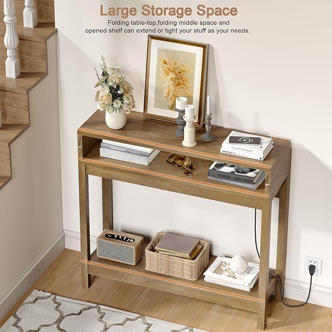 Foldable 38" Console Table with Charging Station & Storage, Side Table with Charging, Entryway Table with Anti-Tip Design,Rustic,Rustic Brown