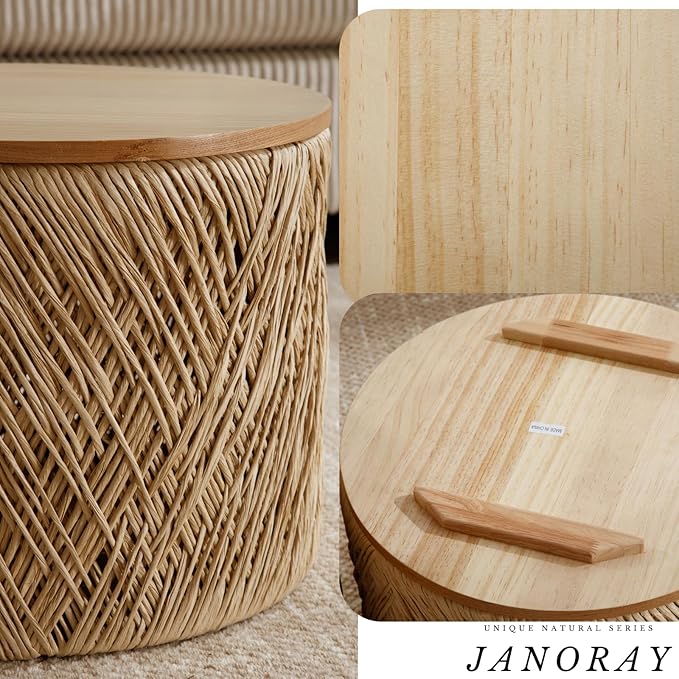Nesting Coffee Table Set of 2, Round Natural Wood Drum Coffee Tables with Storage Boho Rattan Circle End Table Set for Living Room Bedroom Small Space No Assembly Required, Burlywood