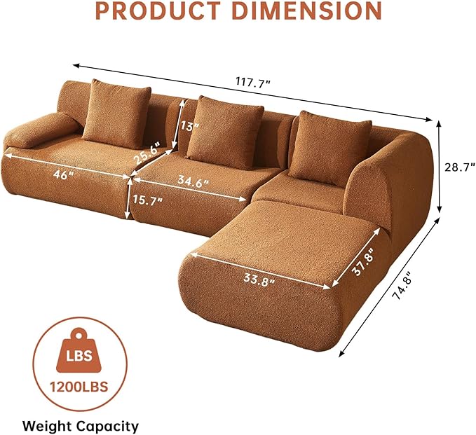 118" Modular Sectional Sofa with Movable Ottoman, 3-Seater Modern Teddy Velvet L-Shaped Couch, Convertible Cloud Sofa for Living Room, Sectional Boneless Couch