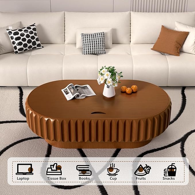 Oval Drum Coffee Table Fluted Coffee Table with Storage Center Table Pedestal End Table for Apartment (43.3in)
