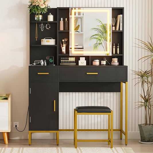IDEALHOUSE Vanity Desk with Mirror and Lights, 42.5" Makeup Vanity Set with Stool, Makeup Table with Mirror Cabinet and Chair, Drawers & Shelves, Dressing Table with Outlet for Bedroom, Black