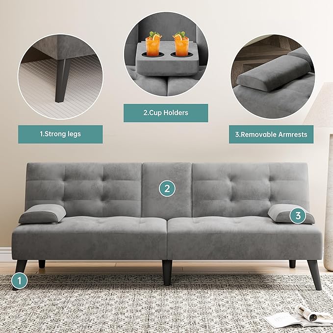 Meilocar Small Futon Sofa Bed Couch, Modern Convertible Sofa Couch, 64 in Recliner Sofa Bed for Living Room, Office, 2 Armrest Pillows, 2 Cup Holders, Dark Grey