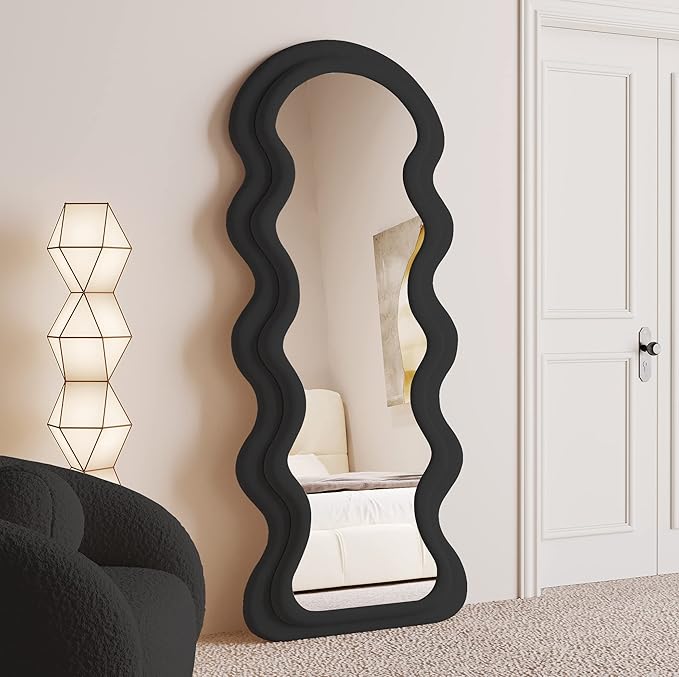 BOJOY Full Length Wavy Mirror, 63"x24", Arched Floor & Wall Mirror - Standing, Hanging or Leaning - Flannel Wrapped Wooden Frame - Black
