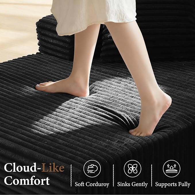 133" Couches for Living Room Deep-Seat Sectional Couch for Living Room Corduroy Boneless Couchs U-Shape Cloud Couch Flexible Modular Sectional Sofa with Chaise Lounge (Black, with Cup Holder)