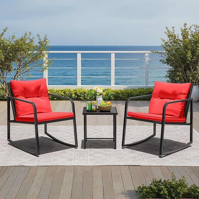 Greesum 3 Pieces Rocking Wicker Bistro Set, Patio Outdoor Furniture Conversation Sets with Porch Chairs and Glass Coffee Table, Red