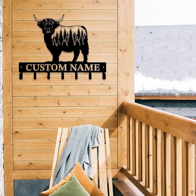 Personalized Highland Cow Metal Keys Hooks,Custom Name Metal Highland Cow Keys Hooks,Black Metal Highland Cow Wall Home Storage Decorative Keys Hooks,Key Holder Hooks for Wall (Style H)