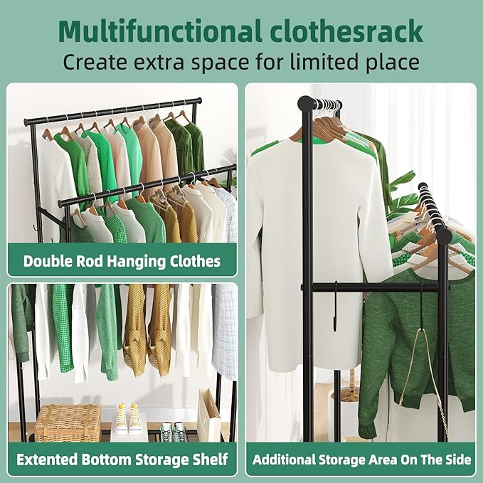 Double Rod Clothes Rack with Wheels Load 400 LBS, 45 Inch Rolling Clothing Rack for Hanging Clothes, Heavy Duty Garment Rack with Shelves, Metal Portable Closet, Black