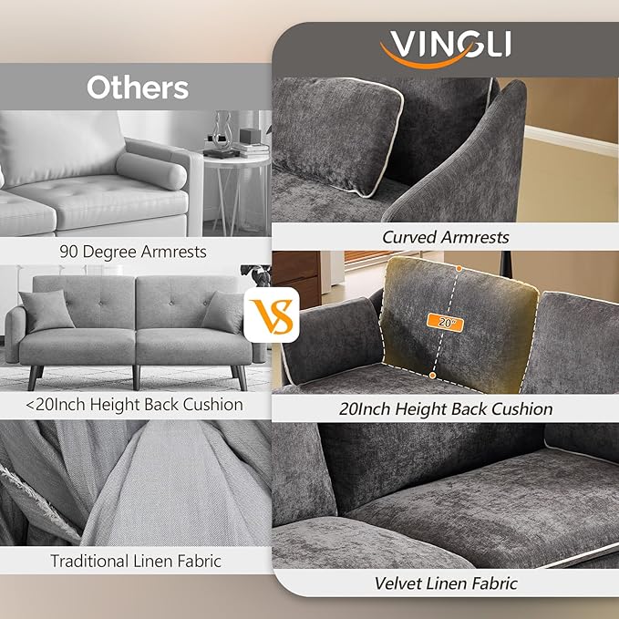 VINGLI 84" W Oversized Comfy Two Seat Love Seat, 37" Extra Deep Seat Piping Design Loveseat Couch with Two Pillows, Linen Fabric Modern Small Sofa for Small Living Room, Bedroom, Black