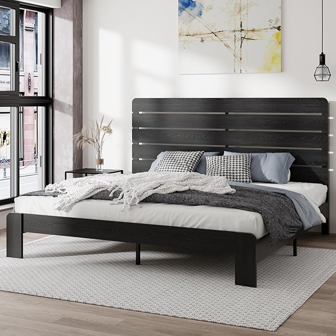 King Size Bed Frame with Wooden Headboard and Footboard, Rustic Platform Bedframe, Wood Slats Support, No Box Spring Needed, Under Bed Storage, Easy Assembly, Black