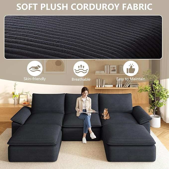 111" Cloud Sectional Couch with U-Shaped Chaise, Corduroy Sectional Sofa with Ottoman, Boneless Couch with Deep Seat in a Box for Living Room, No Assembly Required (Black)
