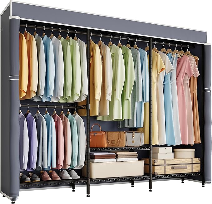 H8 Heavy Duty Clothes Rack with Cover, Covered Garment Rack with Shelves, Wardrobe Closet with Cover, Portable Closet Organizer Storage, Black Clothing Rack with Grey Cover