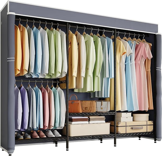 H8 Heavy Duty Clothes Rack with Cover, Covered Garment Rack with Shelves, Wardrobe Closet with Cover, Portable Closet Organizer Storage, Black Clothing Rack with Grey Cover