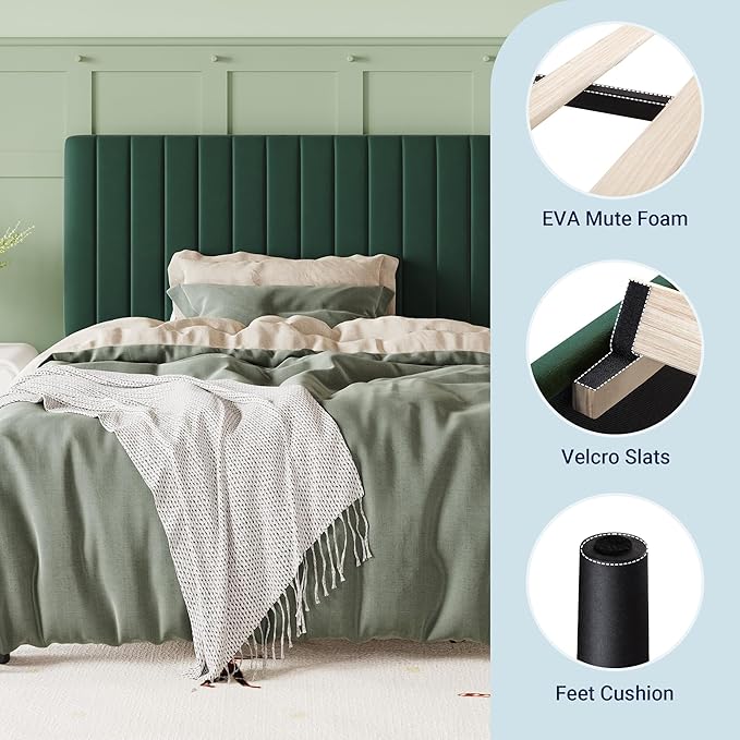 Allewie Twin Bed Frame, Velvet Upholstered Platform Bed with Adjustable Vertical Channel Tufted Headboard, Mattress Foundation with Strong Wooden Slats, Box Spring Optional, Easy Assembly, Green