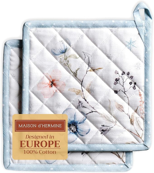 Maison d' Hermine Pot Holders Set 100% Cotton Heat Resistant Potholders 8" x 8" Hot Pads with Loop for Thanksgiving Christmas Decorations BBQ Cooking Baking Handling Hot Pans (Pack of 2, Ice Florals)