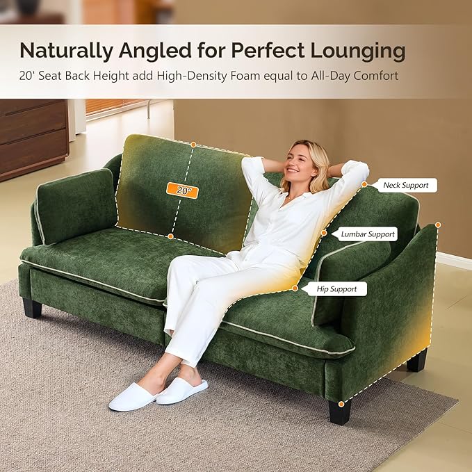 VINGLI 84" W Oversized Comfy Love Seat with Two Seats, Extra Deep Seat Piping Design Loveseat Couch with Two Pillows, Linen Fabric Modern Small Sofa for Small Living Room, Apartment, Bedroom, Green