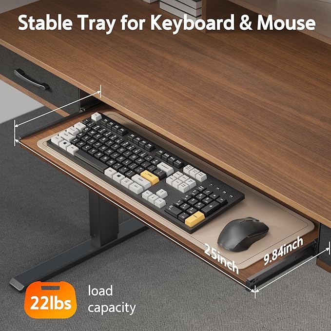 55 Inches Electric Standing Desk with Keyboard Tray, Height Adjustable Sit to Stand Table with 2 Drawers, Ergonomic Home Office Desk with Storage Shelf, Computer Table, Black Walnut