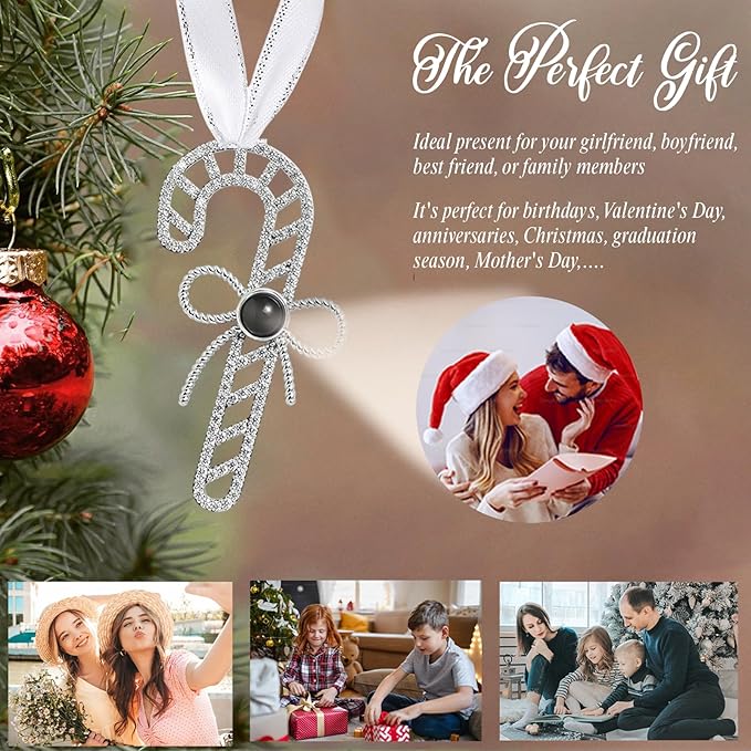 NAZENTI Personalized Christmas Tree Candy Cane Ornament, Custom Projection Photo Decoration for Family, Christmas Bauble, Projection Xmas Tree Decoration with Picture Inside