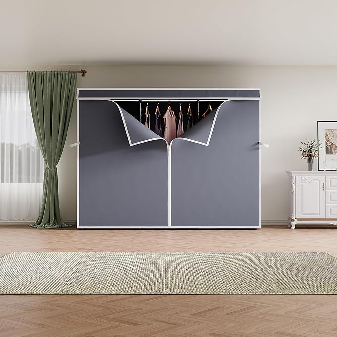 H8 Heavy Duty Clothes Rack with Cover, Covered Garment Rack with Shelves, Wardrobe Closet with Cover, Portable Closet Organizer Storage, Black Clothing Rack with Grey Cover