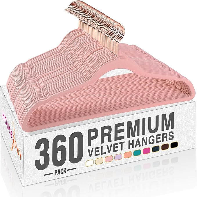HOUSE DAY Pink Velvet Hangers 360 Pack, Premium Non-Slip Felt Clothes, Sturdy Heavy Duty Coat, Durable Hangers for Suits, Space Saving with No Hanger Mark, 360° Swivel Rotating Rose Gold Hook