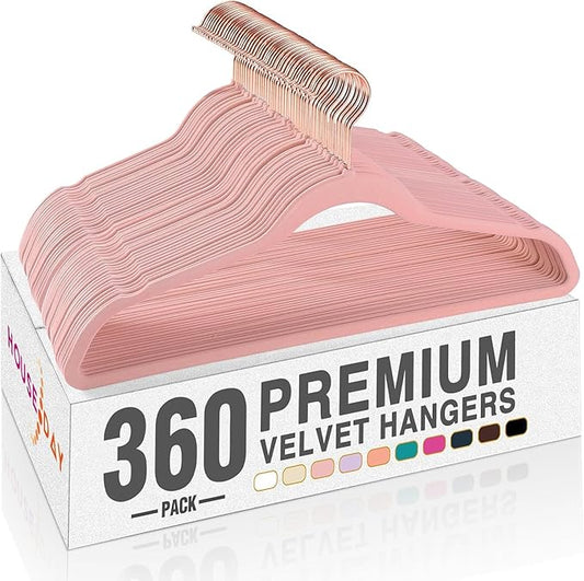 HOUSE DAY Pink Velvet Hangers 360 Pack, Premium Non-Slip Felt Clothes, Sturdy Heavy Duty Coat, Durable Hangers for Suits, Space Saving with No Hanger Mark, 360° Swivel Rotating Rose Gold Hook