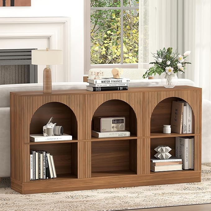 Console Table Set of 2, Extra Long 126" Arched Entryway Table with 3-Tier Open Storage, Rectangular Wooden Sofa Table for Living Room, Hallway, Behind Couch (2, Walnut)