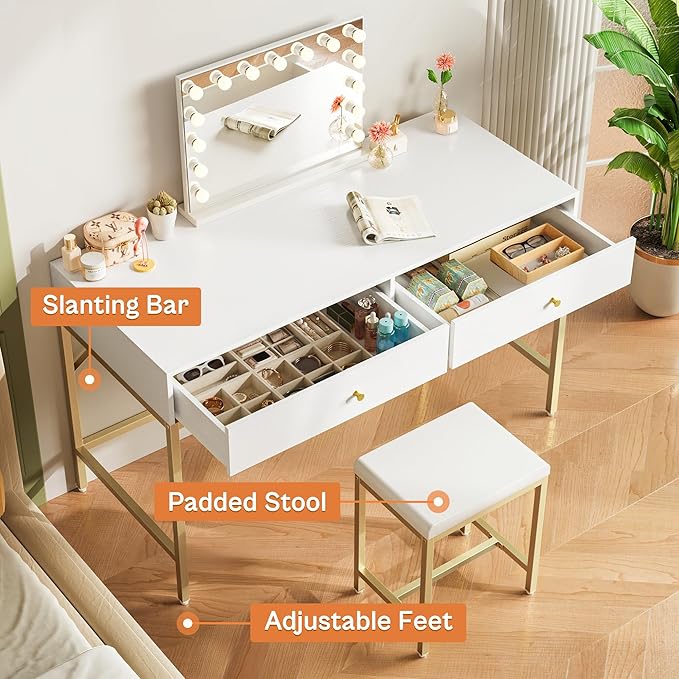 SUPERJARE 43-inch Modern White & Gold Desk - 2 Drawer Vanity, Computer & Home Office Study Desk for Writing & Bedroom