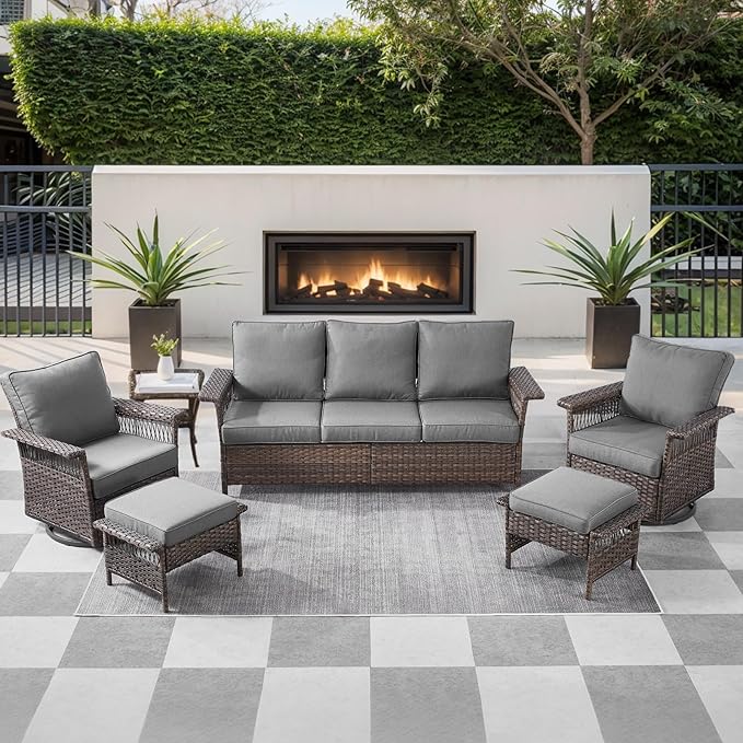 6 Pieces Wicker Patio Furniture Set - Hollow Widen Armrests 3 Seat Outdoor Sofa & Comfy Chairs with Side Table & Ottomans, Small Patio Convention Set for Deck and Backyard - Brown/Gray